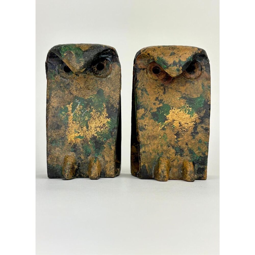Vtg Isamu Noguchi Style Cast Iron Pair of Owl Bookends Brutalist Patina Japan EW